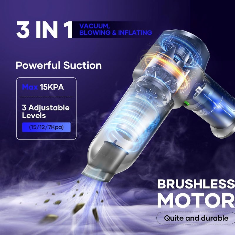 SakerPlus Mini Vacuum Cleaner, 3 in 1 Car Vacuum Cleaner High Power, 15000PA Powerful Suction, Air Duster, 7500mAh, Dual Filter,Adjustable Small Vaccum Portable Cordless for Cars,Desktop - Deep Blue - Image 2